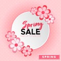 Spring Sale day! Take up to 50% off. Vector lettering illustration with flowers on pink background.