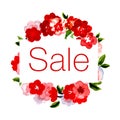Spring sale design. Beautiful colorful illustration with red flowers and green leaves, isolated. White frame with text