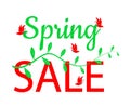 Spring sale design text with green leaves and red butterfy illus