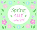 spring sale discount floral bacground text spring sale up to fifty percent on white and green with pastel colors pink and blue fl