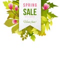 Spring sale emblem with leaves and flowers