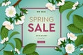 Spring sale floral banner with blooming cherry flowers on green background for seasonal design of banner, flyer, poster Royalty Free Stock Photo