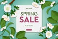 Spring sale floral banner with blooming cherry flowers on green background for seasonal design of banner, flyer, poster Royalty Free Stock Photo