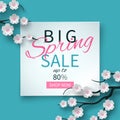 Spring sale floral banner with paper cut blooming pink cherry flowers on blue background for seasonal design of banner, flyer Royalty Free Stock Photo