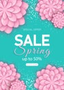 Spring sale floral banner with paper cut blooming pink cherry flowers on blue background for seasonal design of banner, flyer, Royalty Free Stock Photo