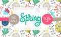 Spring sale. Floral pattern. Hand drawn creative flowers. Discount. Shopping. Lettering in frame. Commerce. Springtime