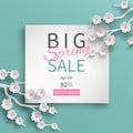 Spring sale banner floral template with paper cut frame and blooming pink cherry flowers Royalty Free Stock Photo