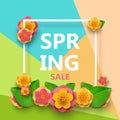 Spring sale flyer template with paper cut flowers and leaves with frame. Bright colorful geometric background. Vector Royalty Free Stock Photo