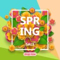 Spring sale flyer template with paper cut flowers and leaves with frame. Bright colorful geometric background. Vector