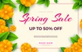 Spring sale flyer template with paper cut flowers and leaves with frame. Light background. Vector.Fresh design for Royalty Free Stock Photo