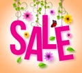 Spring Sale Hanging with 3D Realistic Colorful Flowers, Vines and Leaves