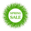 Spring sale inscription. Circle frame with green grass. Fresh spring, summer grass