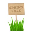 Spring sale inscription on wooden sign with fresh green grass isolated on white background Royalty Free Stock Photo