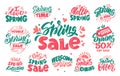 Spring sale lettering hand drawn logos set. Seasonal sellout promo retro style stickers pack