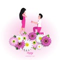 Valentine Day cartoon character with a cute couple in love, man proposing to the woman kneeling vector