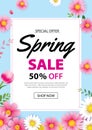 Spring sale poster banner with blooming flowers background template. Design for advertising, voucher, flyers, brochure, cover Royalty Free Stock Photo