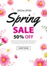 Spring sale poster banner with blooming flowers background template. Design for advertising, voucher, flyers, brochure, cover Royalty Free Stock Photo