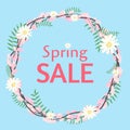 Spring sale poster or banner. Wreath with chamomiles and pussy willow. Flat vector illustration for webpage, template Royalty Free Stock Photo