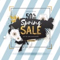 Spring sale poster with full blossom flowers and golden leaves. Spring flowers background Royalty Free Stock Photo