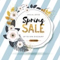 Spring sale poster with full blossom flowers and golden leaves. Spring flowers background Royalty Free Stock Photo
