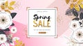 Spring sale poster with full blossom flowers and golden leaves. Spring flowers background Royalty Free Stock Photo