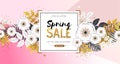 Spring sale poster with full blossom flowers and golden leaves. Spring flowers background Royalty Free Stock Photo
