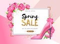 Spring sale poster with full blossom pion flowers. Spring flowers background