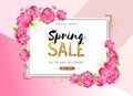 Spring sale poster with full blossom pion flowers. Spring flowers background