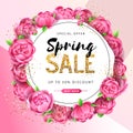 Spring sale poster with full blossom pion flowers. Spring flowers background