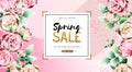 Spring sale poster with full blossom pion flowers. Spring flowers background