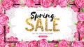 Spring sale poster with full blossom pion flowers. Spring flowers background