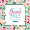 Spring sale poster with full blossom pion flowers. Spring flowers background