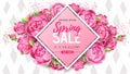 Spring sale poster with full blossom pion flowers. Spring flowers background