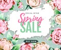 Spring sale poster with full blossom pion flowers. Spring flowers background