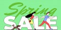 Spring sale promotion banner design template. Person woman with man and dog running on shopping. Season offer green