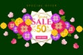 Spring sale Promotional banner background with colorful flower and butterfly for Special spring offer 50% off Royalty Free Stock Photo