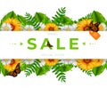 Spring sale realistic vector illustration with beautiful colorful flowers. Banner template with realistic butterfly and camomile Royalty Free Stock Photo