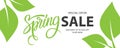 Spring Sale special offer banner. Springtime season background with hand lettering and spring green leaves for business.