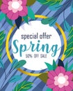 Spring sale, special offer discount flowers foliage background