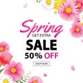 Spring sale square banner with blooming flowers background template. Design for advertising, flyers, posters, brochure, invitation