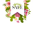 Spring sale tag label with text and brush lettering drawing. Vector illustration of abstract flowers and leaves, easy Royalty Free Stock Photo