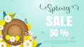 Spring sale template with shasta disy on blue background