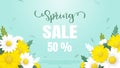 Spring sale template with shasta disy on blue background