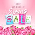 Spring sale typography poster with full blossom pion flowers. Spring background