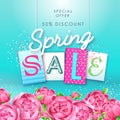 Spring sale typography poster with full blossom pion flowers. Spring background