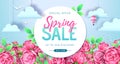 Spring sale typography poster with full blossom pion flowers. Spring background Royalty Free Stock Photo