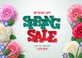 Spring sale vector banner design. Spring sale 3D text with colorful camellia flower