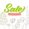 Spring sale vector banner design. Green text on