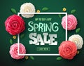 Spring sale vector banner design. Spring sale text with colorful camellia flowers