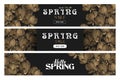 Spring sale vector banner templates collection with gold hand drawn abstract lotus flowers isolated on black background. Royalty Free Stock Photo